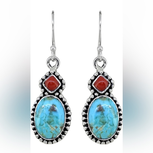 Sterling Silver Blue Mohave Turquoise Red Coral Earrings - Picture 1 of 7